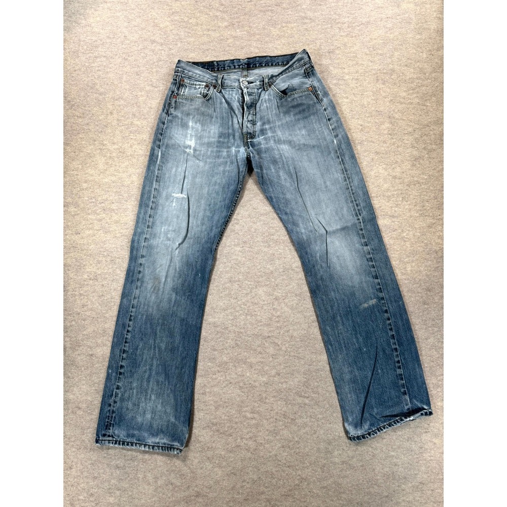 Levis 501 Straight Jeans Mens 34x34 Whisker Blue Denim Distressed 00501-0039